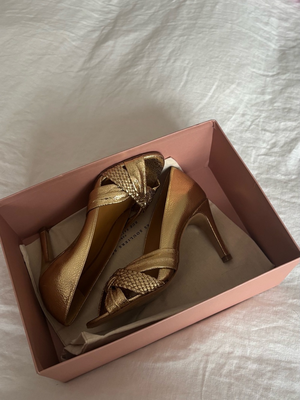 Sezane Metallic Gold Braided Peep-Toe Pumps - Picture 10 of 12